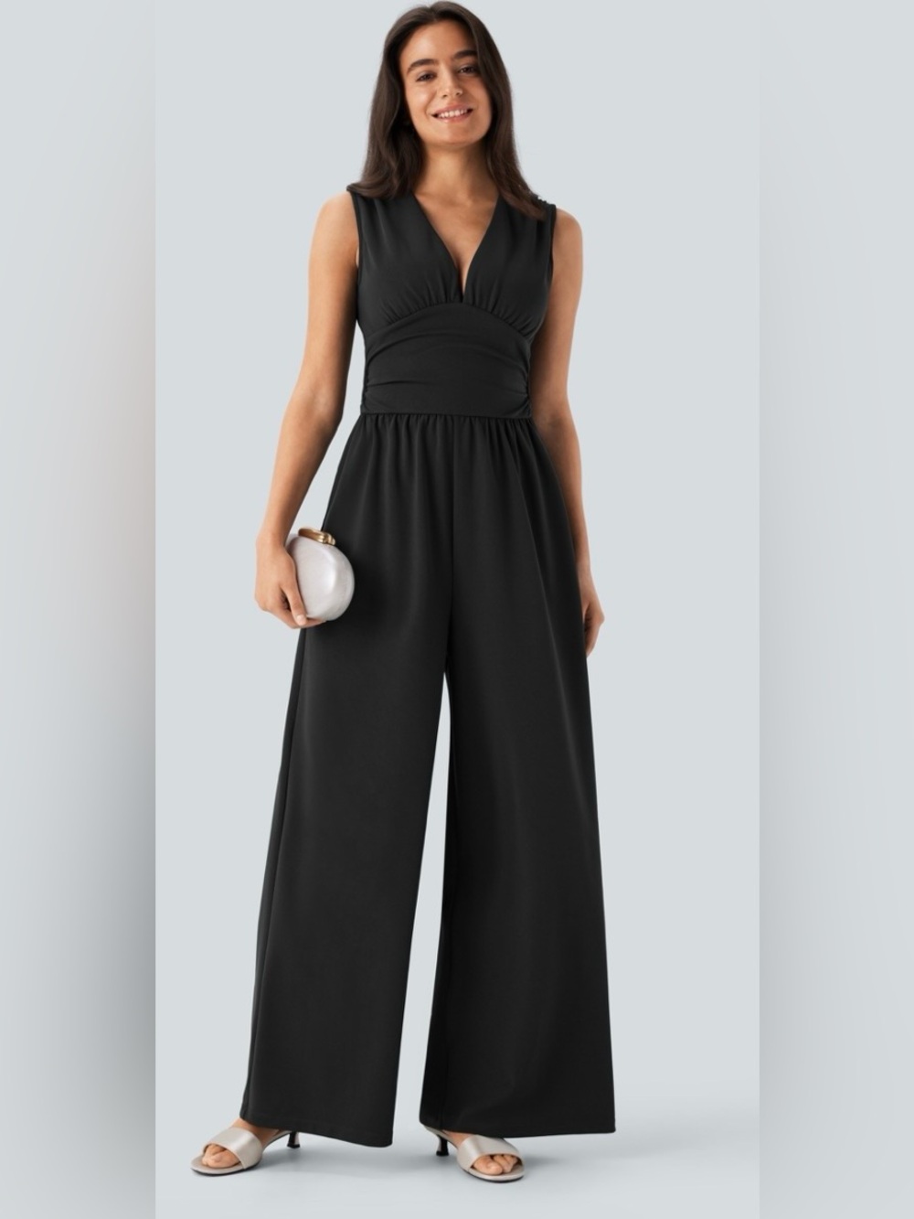Halara NWT Black Sleeveless V‑Neck Wide‑Leg Pockets Jumpsuit Size L